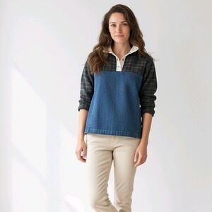 CARLEEN by ANTHRO‎ Plaid Denim Colorblock Long Sleeve Collared Shirt Women L